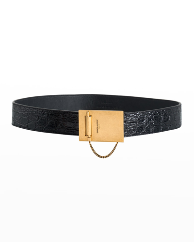 Saint Laurent Chaine Et Baton Croc-embossed Leather Buckle Belt In Black