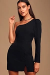 Lulus All Is Well Black One-shoulder Long Sleeve Bodycon Dress In Black