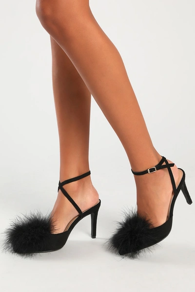 Lulus Brodyy Black Feather Pointed-toe Ankle Strap Pumps