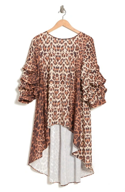 Patrizia Luca Leopard Print Pickup Sleeve High-low Tunic Top In Camel