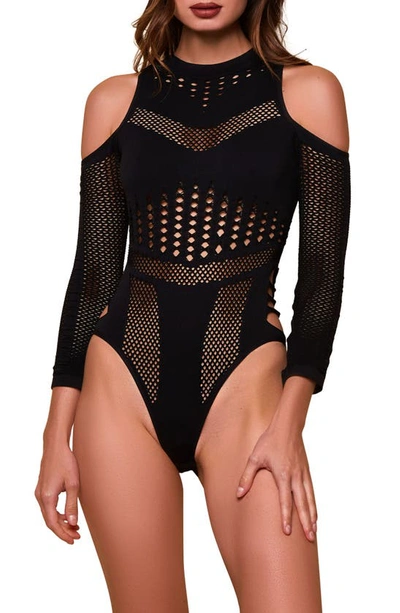Hauty Cold Shoulder Long Sleeve Seamless Teddy In Black