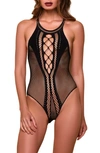 Hauty Halter Neck Fishnet Teddy In Black