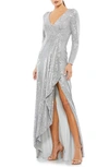 Ieena For Mac Duggal Long Sleeve Sequin Wrap Gown In Platinum