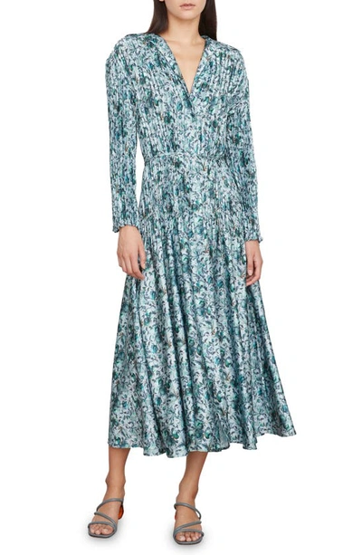 Vince Berry Blooms Pleated Long Sleeve Shirtdress In Blue