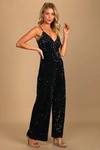 Lulus Dazzling Demeanor Navy Blue Velvet Sequin Straight Leg Jumpsuit In Navy Blue