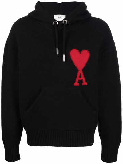Ami Alexandre Mattiussi Ami De Coeur Intarsia Knitted Hoodie In Black