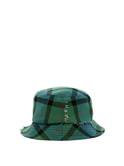 Marni Distressed Tartan Bucket-hat In Green