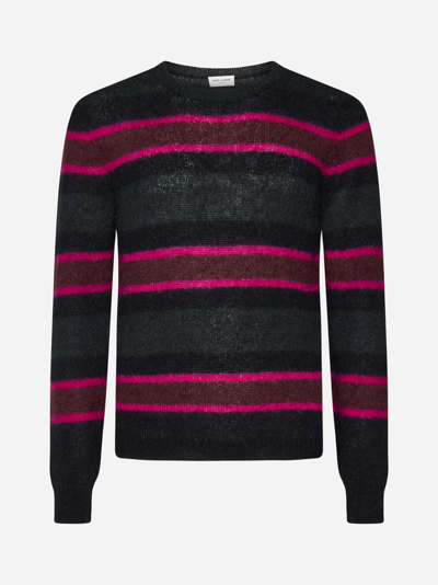 Saint Laurent Striped Crew Neck Jumper In Green,multicolor