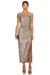 Simkhai Zay Hammered Sequin Draped Bustier Midi Dress In Latte