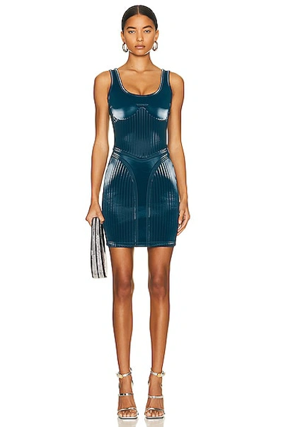 Mugler Glossy Embossed Jersey Body-con Bonded Jersey Minidress In 6059 Teal