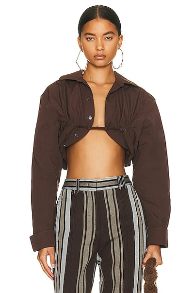 Jacquemus Machou Open-front Cotton Cropped Shirt In Brown