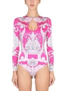 Versace Silver Baroque Print Viscose Bodysuit In Pink