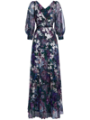 MARCHESA NOTTE FLORAL-PRINT V-NECK GOWN