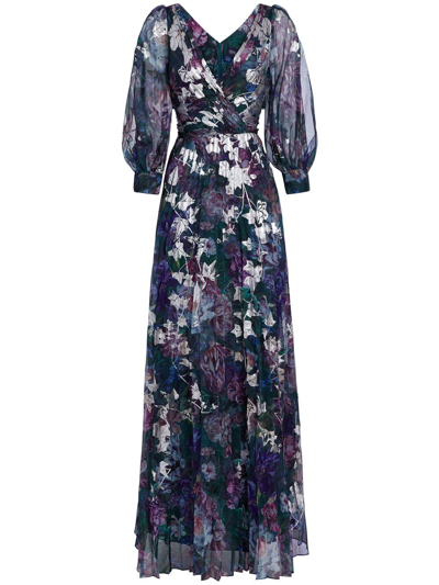 Marchesa Notte Floral-print V-neck Gown In Emerald