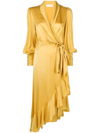 Zimmermann Asymmetric Silk Satin Wrap Dress In Yellow