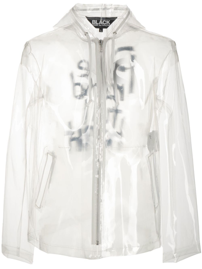 Black Comme Des Garçons Slogan-print Transparent Jacket In Neutrals