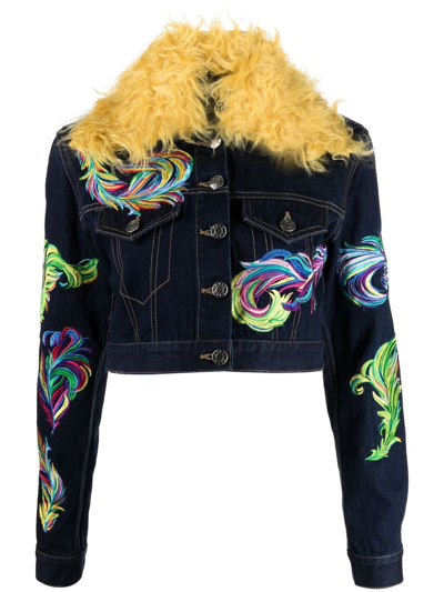 Area Contrast-collar Feather-embroidered Denim Jacket In Dark Indigo