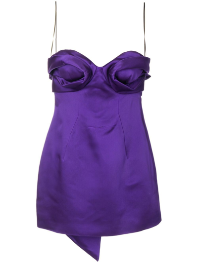Area Strapless Draped Bow Satin Mini Dress In Purple Technical