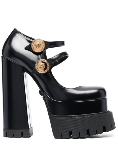 Versace Medusa Leather Platform Pumps In Black- Gol