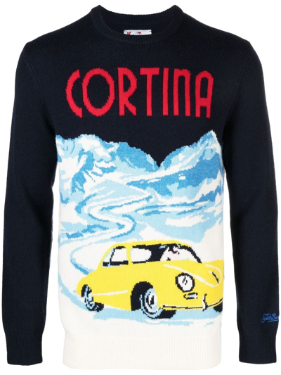 Mc2 Saint Barth Cortina Vintage-postcard Knitted Jumper In Blue