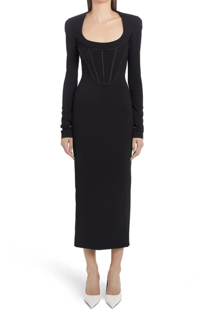 Versace Corset Detail Long Sleeve Jersey Midi Dress In Black