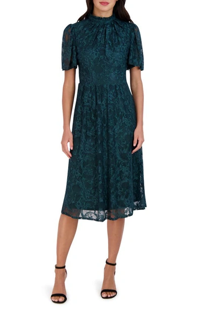 Julia Jordan Flutter Sleeve Lace Mock Neck Midi Dress In Green