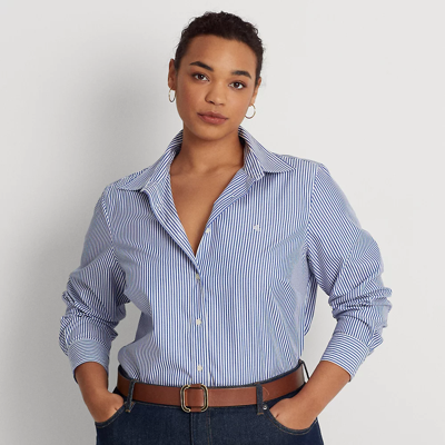 Lauren Woman Striped Easy Care Cotton Shirt In Blue/white