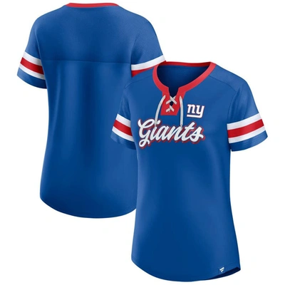 Fanatics Women's Royal New York Giants True Catch Iconic Rhinestone Bling Athena Lace-up T-shirt