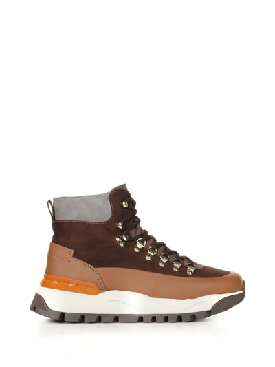 Santoni Contrast-panel Lace-up Hiking Boots In Marrone