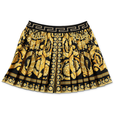 Young Versace Babies' Gonna Plissé Stampa Barocca Oro In Popeline Di Cotone In Nero/oro