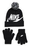 Nike Kids'  Swoosh Pom Beanie & Gloves Set In Black