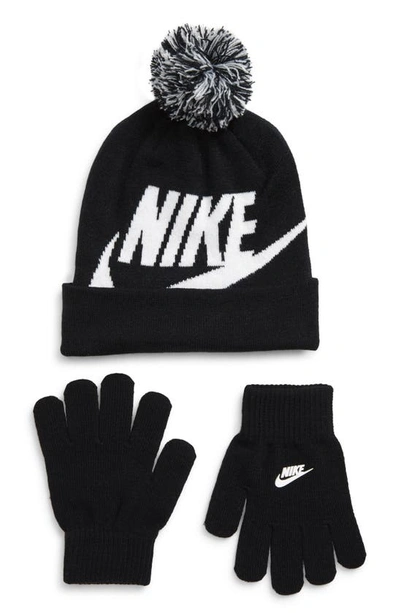 Nike Swoosh Pom Beanie & Gloves Set In Black