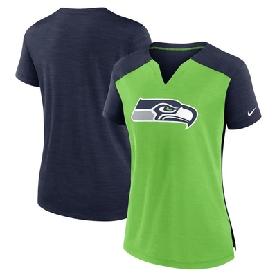 NIKE NIKE NEON GREEN/COLLEGE NAVY SEATTLE SEAHAWKS IMPACT EXCEED PERFORMANCE NOTCH NECK T-SHIRT