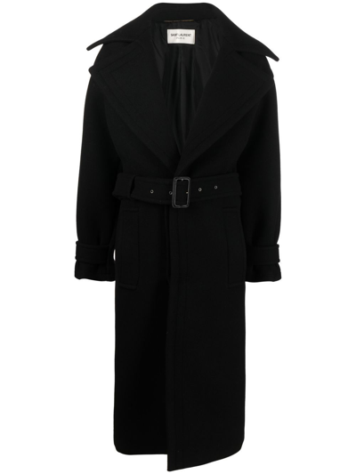 Saint Laurent Belted Single-breasted Coat In Black