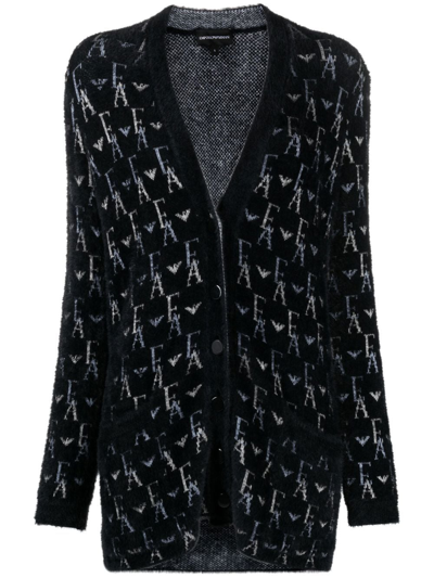 Emporio Armani Monogram V-neck Cardigan In Black