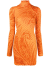 Etro Printed Jersey Turtleneck Mini Dress In Orange