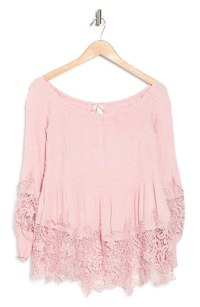 Forgotten Grace Crochet Trim Smocked Off-the-shoulder Top In Blush