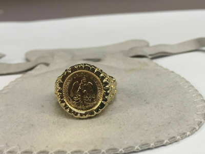Pre-owned Hennajewels Mexican Dos Pesos Coin Men's Ring 14k Yellow Gold Finish Lab Created Diamonds