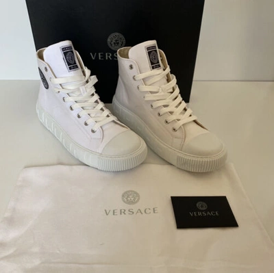 Pre-owned Versace White Palladium High-top Canvas Sneakers 10 Us (43 Euro) Dsu8403