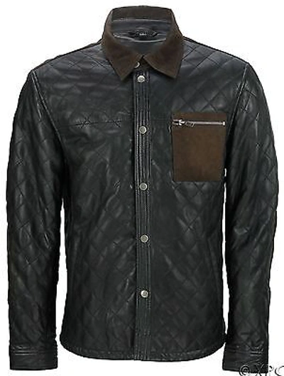 Pre-owned Infinity Men's Casual Quilted Black Nappa Leather Shirt Jean Jacket