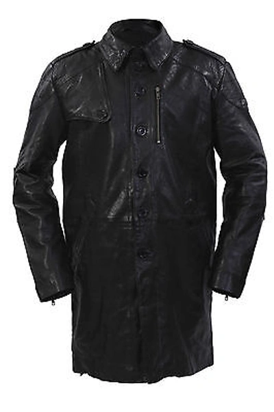 Pre-owned Infinity Men's Long Military Soft Distressed Black Leather Trench Coat