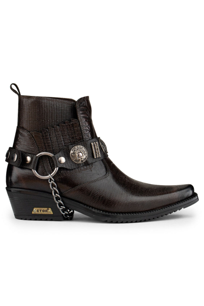 Pre-owned Etor Men's Brown Leather Goth Boots Rock Winklepickers Western Cuban Biker Punk Shoes