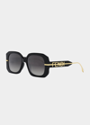 Fendi Oversized Logo Square Acetate & Metal Sunglasses In Shiny Black Gray