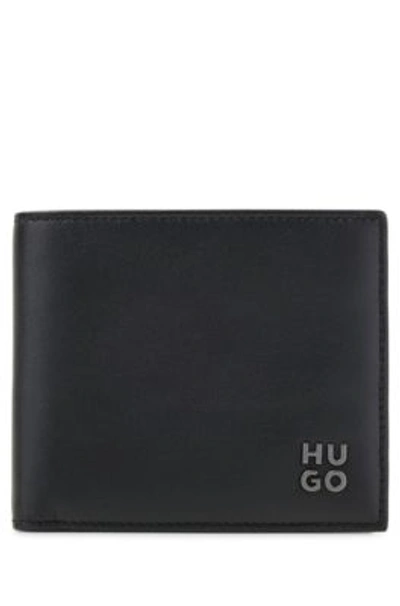 Hugo Leather Wallet With Stacked Logo In Brushed Gunmetal- Black Men's Wallets