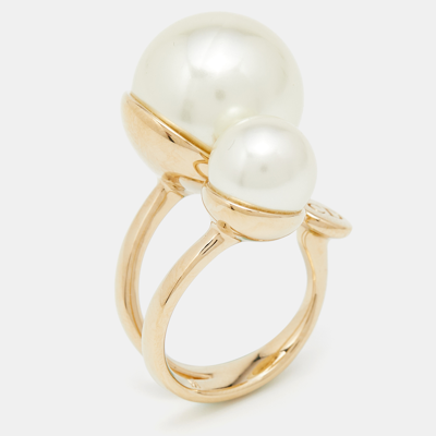 Pre-owned Dior Ultra Faux Pearl Gold Tone Ring Size 52 In White
