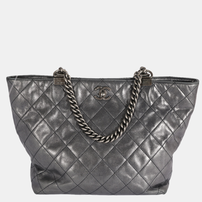 Pre-owned Chanel Metallic Grey Quilted Calfskin Shopping Tote Bag