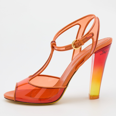 Pre-owned Sergio Rossi Orange Patent Leather And Pvc Open Toe T-strap Sandals Size 41