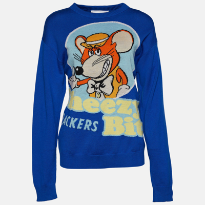Pre-owned Moschino Blue Cheezy Bits Wool Intarsia Knit Long Sleeve Jumper S