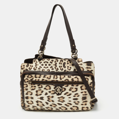 Pre-owned Roberto Cavalli Brown/beige Leopard Satin And Leather Tote