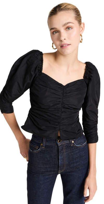Something Navy Ruched Puff Shoulder Blouse In Black